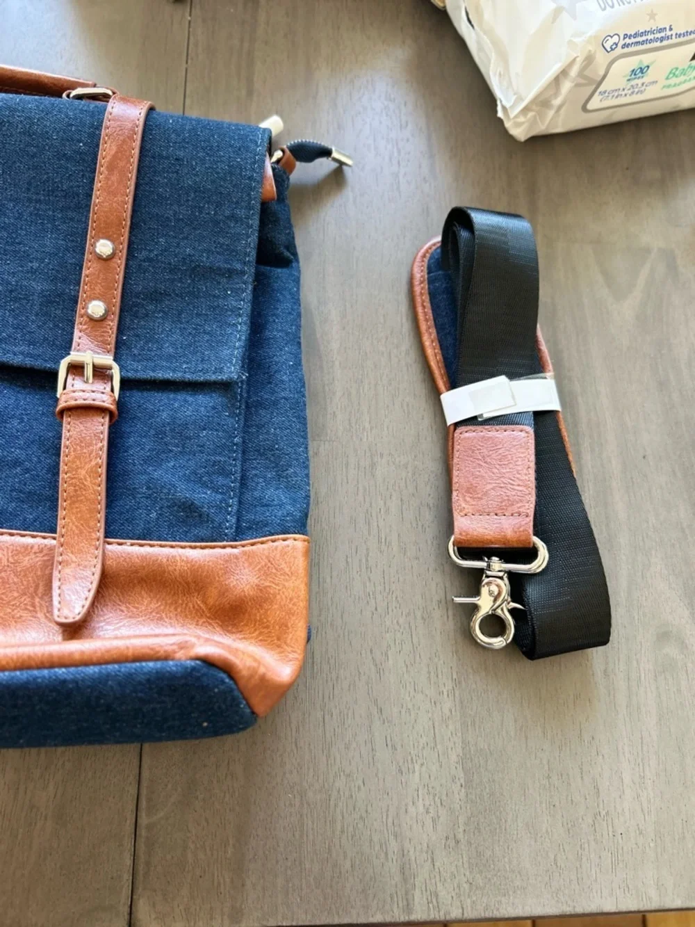 Navy and Tan Leather-Trim Messenger Bag with straps NEW